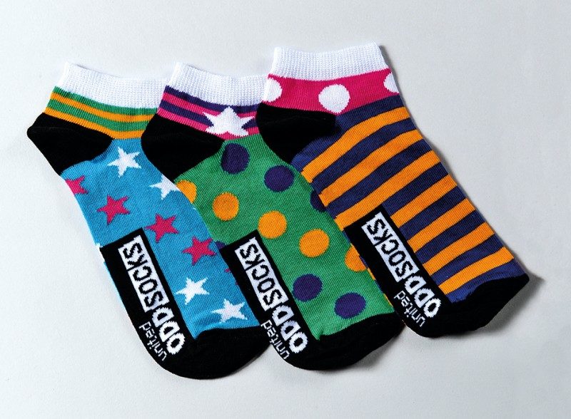 United oddsocks trainers liner in colourful dots,strats and stripe patterns