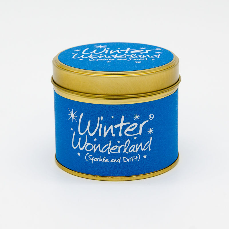 Lily Flame Candle , Blue Tin with Winter Wonderland as title in Silver.